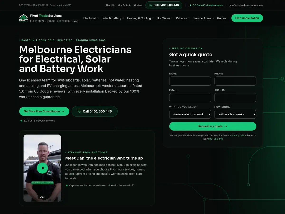 Pivot Trade Services website design, Electrical, solar and HVAC, Melbourne